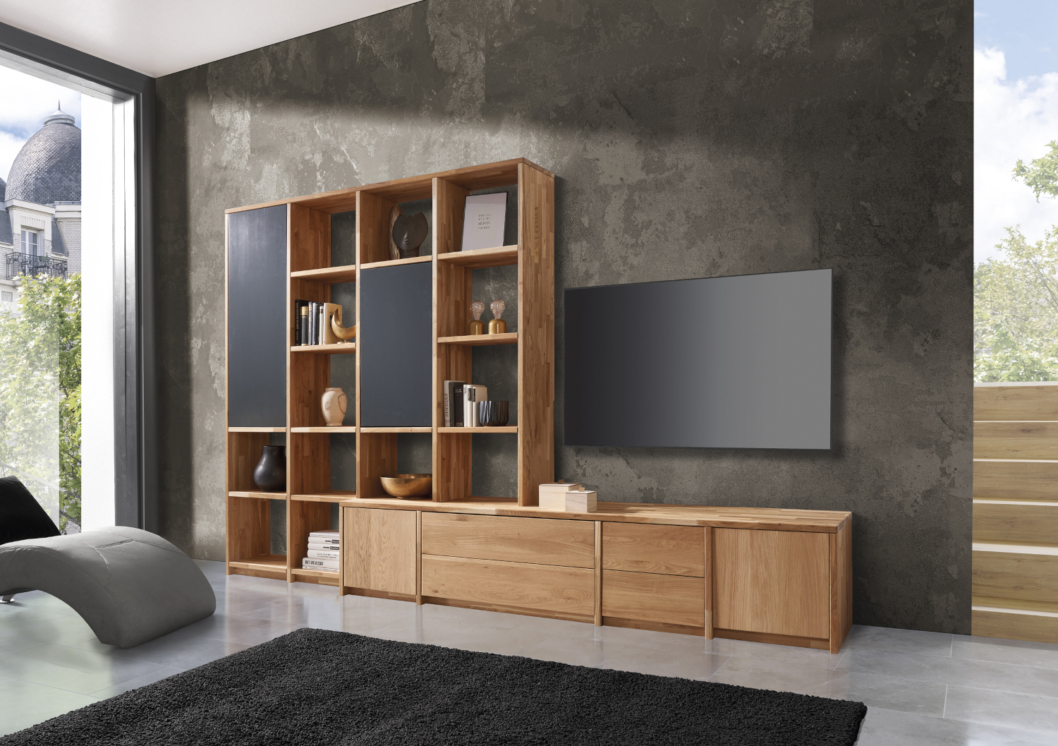 Massivholz-Wohnwand mit TV-Lowboard